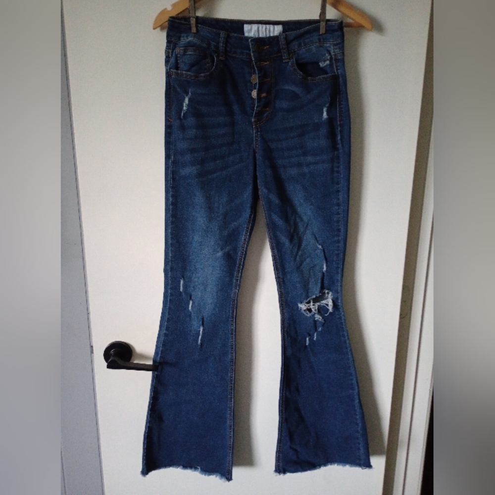 Indigo Rein Distressed Button Fly Flare Jeans Size 7 (Juniors)